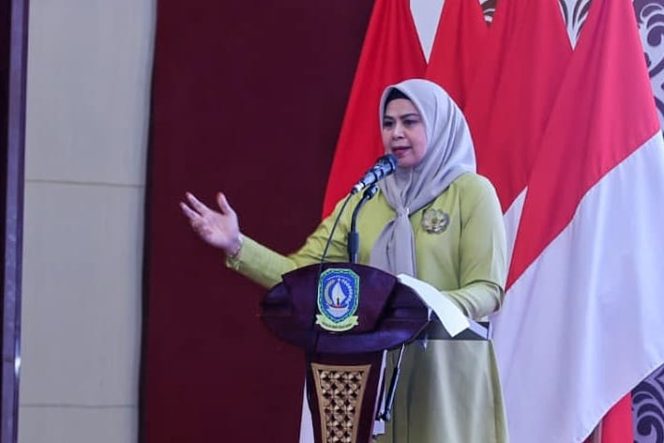 
					Penasihat DPD PP PAUD Provinsi Kepri, Hj Dewi Kumalasari Ansar menyampaikan sambutan pada Peringatan HUT ke-69 PP PAUD tingkat Provinsi Kepri Tahun 2026 di Aula Wan Seri Beni, Dompak, Selasa (12/5/2026). 