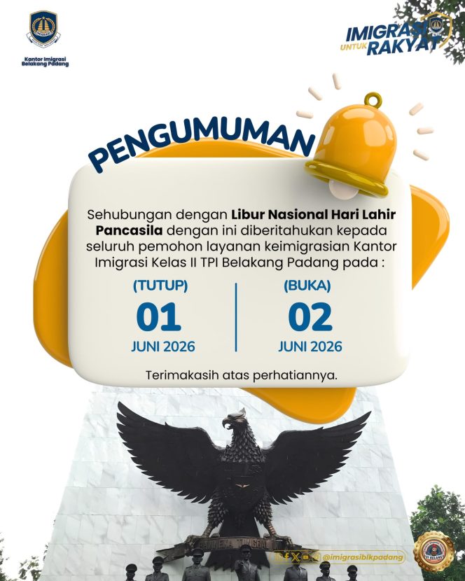 
					Kantor Imigrasi Kelas II TPI Belakang Padang Umumkan Penyesuaian Jadwal Pelayanan dalam Rangka Hari Lahir Pancasila Tahun 2026