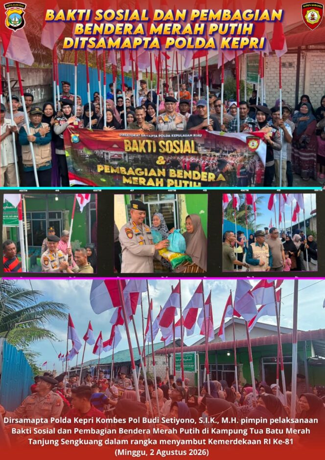 
					Sambut HUT ke-81 Kemerdekaan RI, Ditsamapta Polda Kepri Gelar Bakti Sosial dan Bagikan 100 Bendera Merah Putih